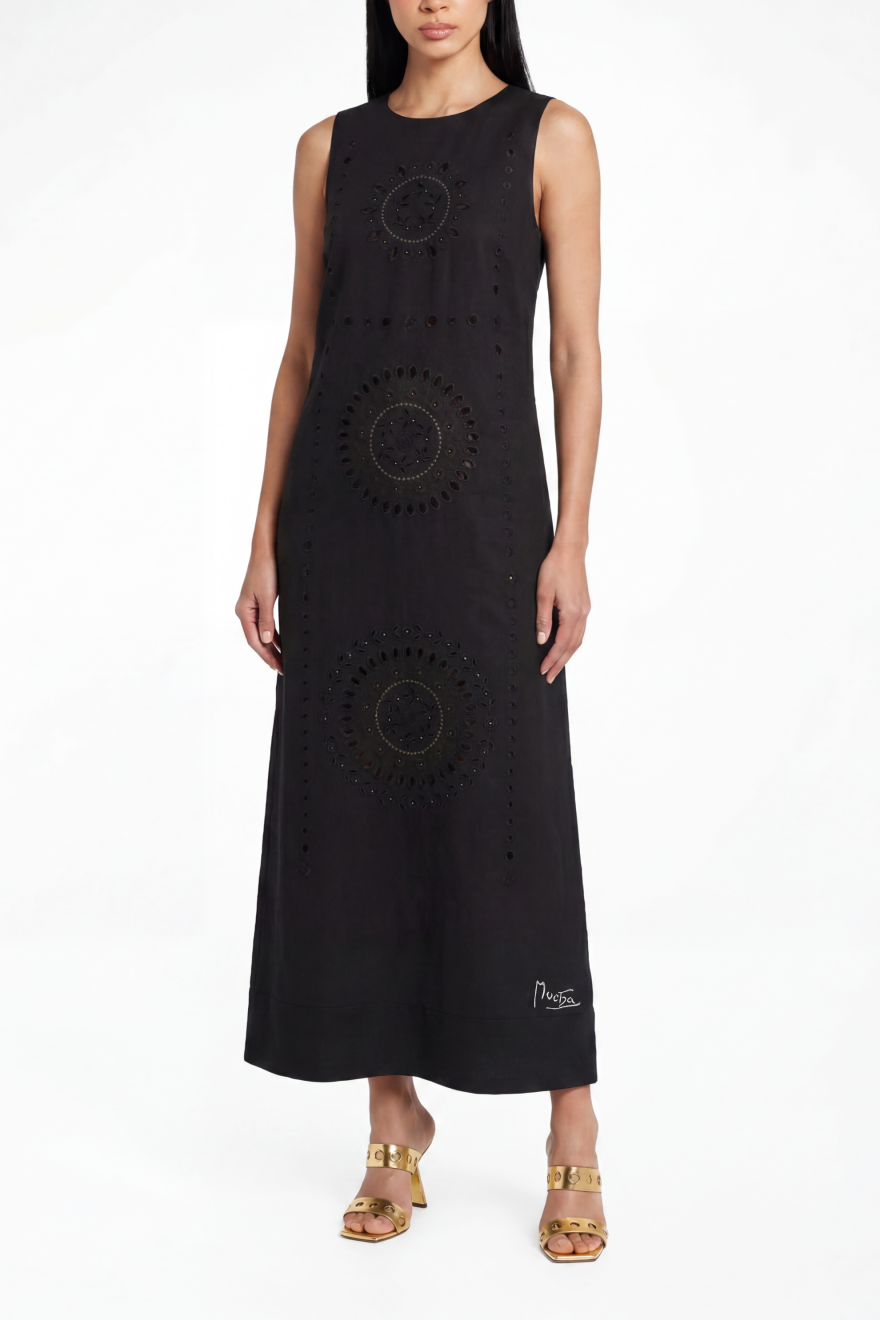 Champenois black linen midi dress - sleeveless column silhouette, back view