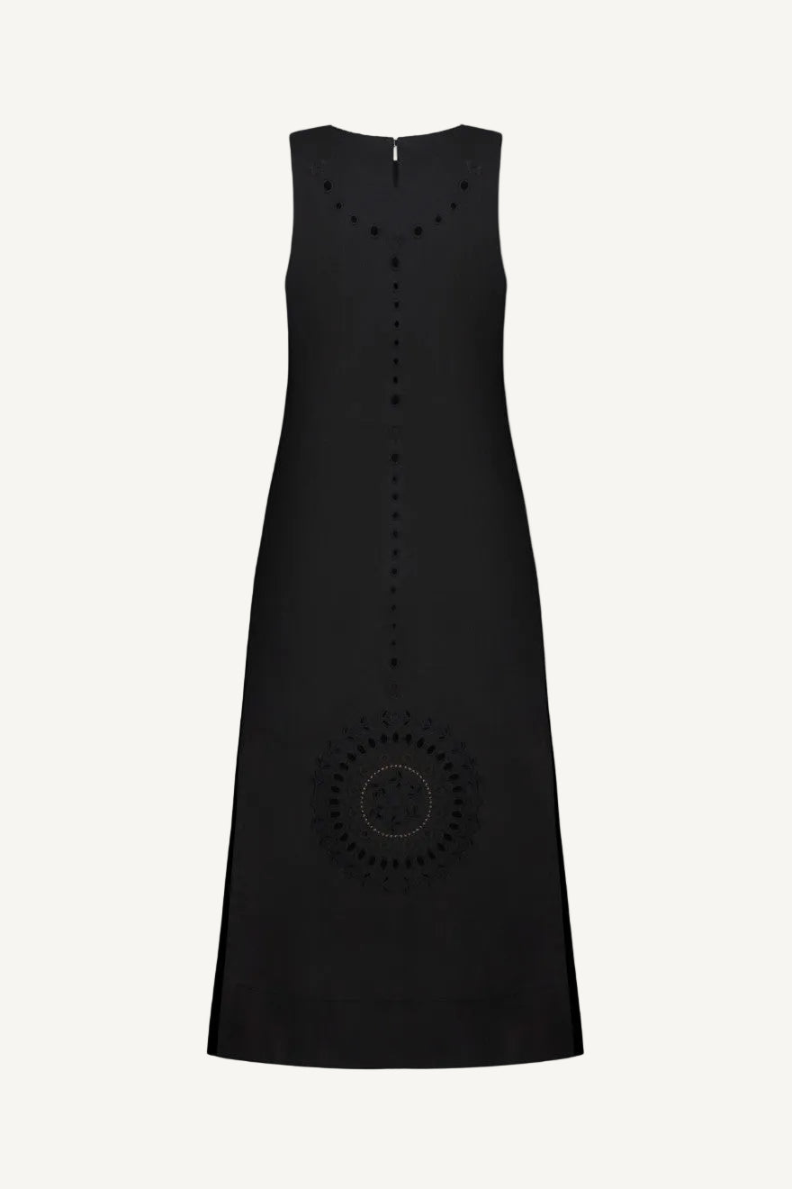 Black sleeveless dress with decorative elements motifs