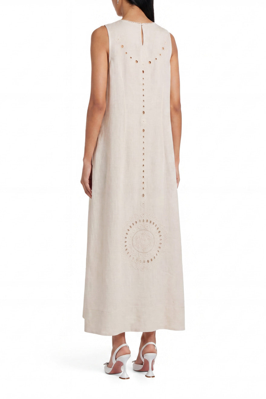 Champenois ivory linen midi dress - Richelieu medallion cutwork detail
