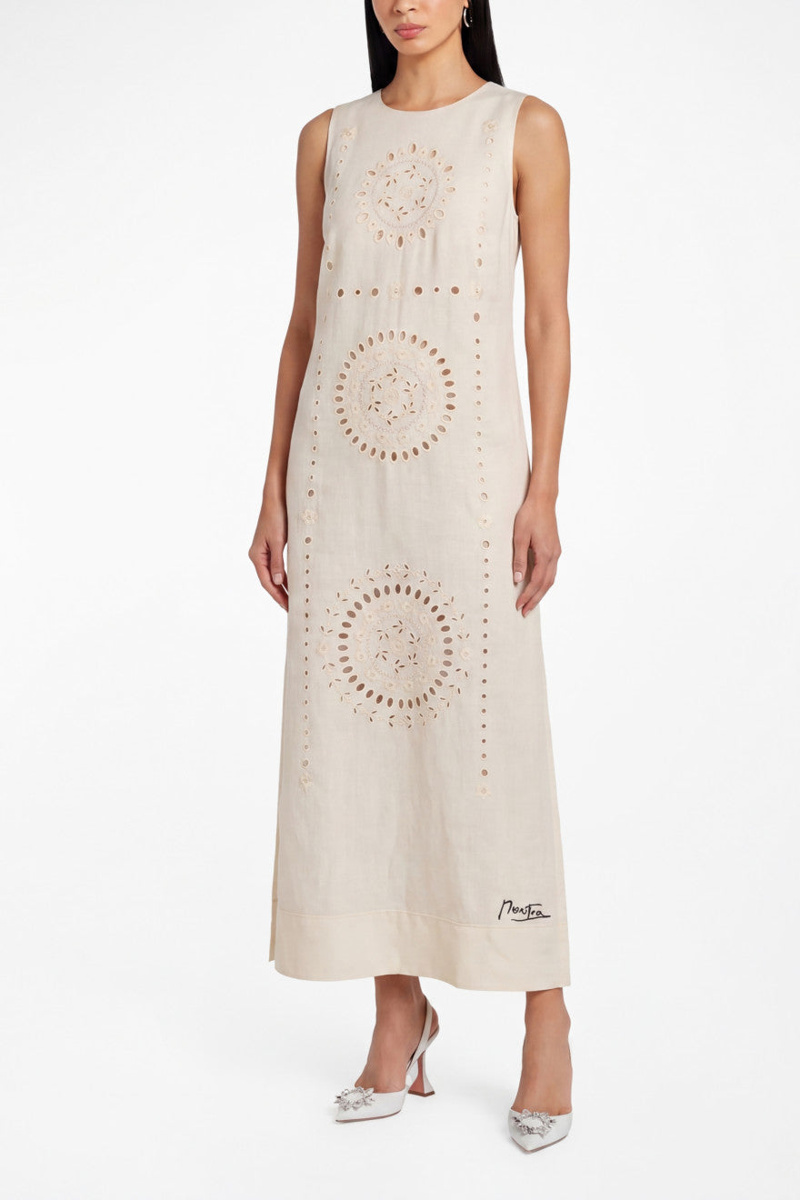 Champenois ivory linen midi dress - sleeveless column silhouette, back view