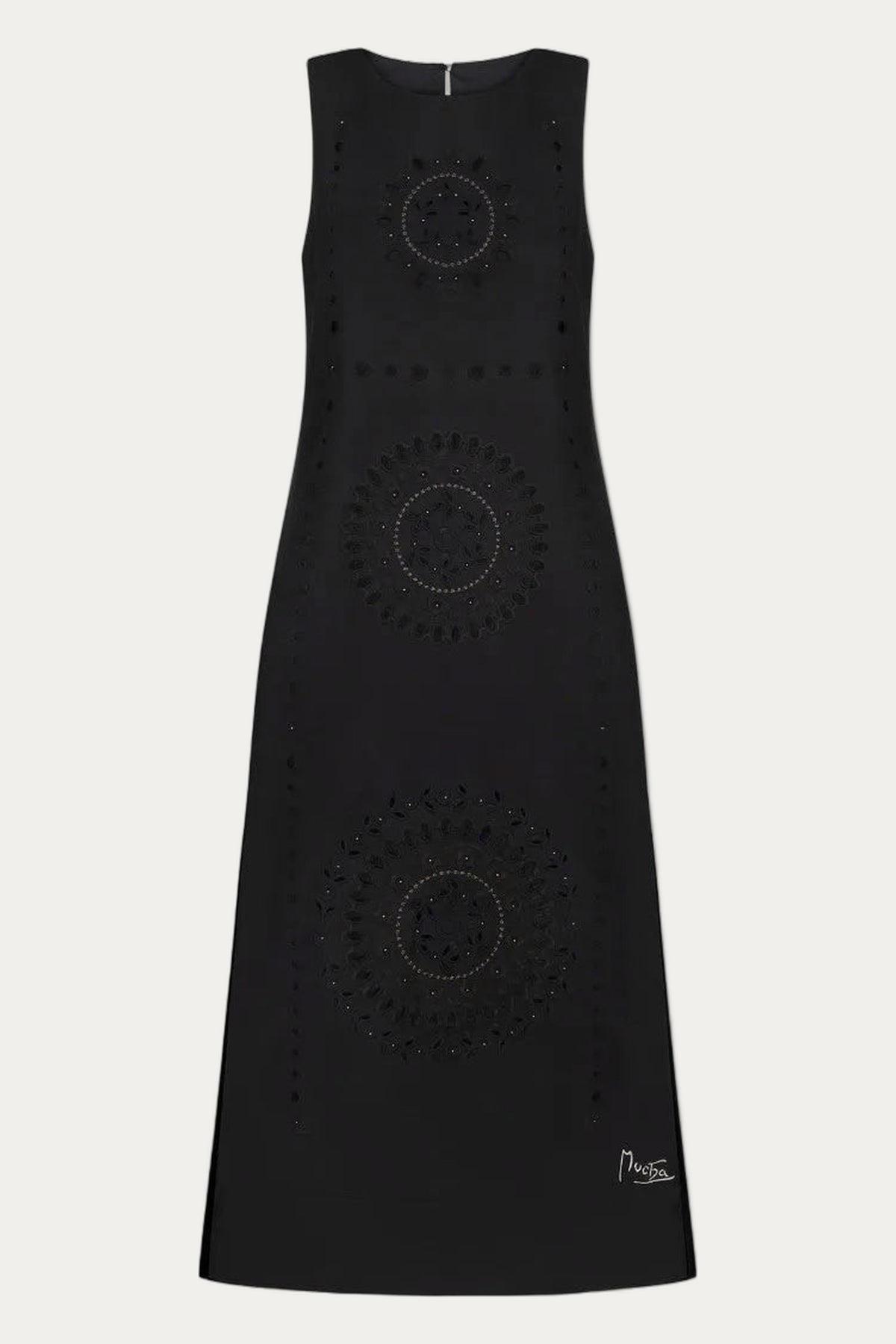 Champenois Richelieu-cutwork embroidered black linen midi dress by My Sleeping Gypsy