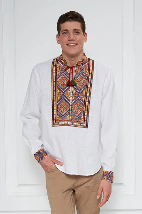 Foberini, Traditional embroidered men shirt, white, geometric motif, hand-embroidered – fabric detail