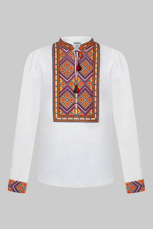 Foberini, Traditional embroidered men shirt, white, geometric motif, hand-embroidered – back view