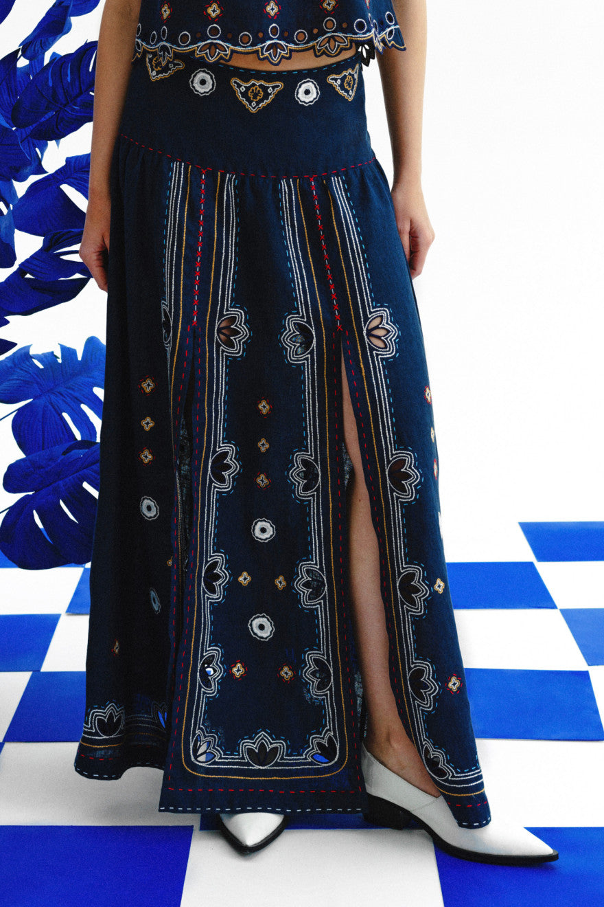 Check Mate Boho Linen Skirt with Embroidery