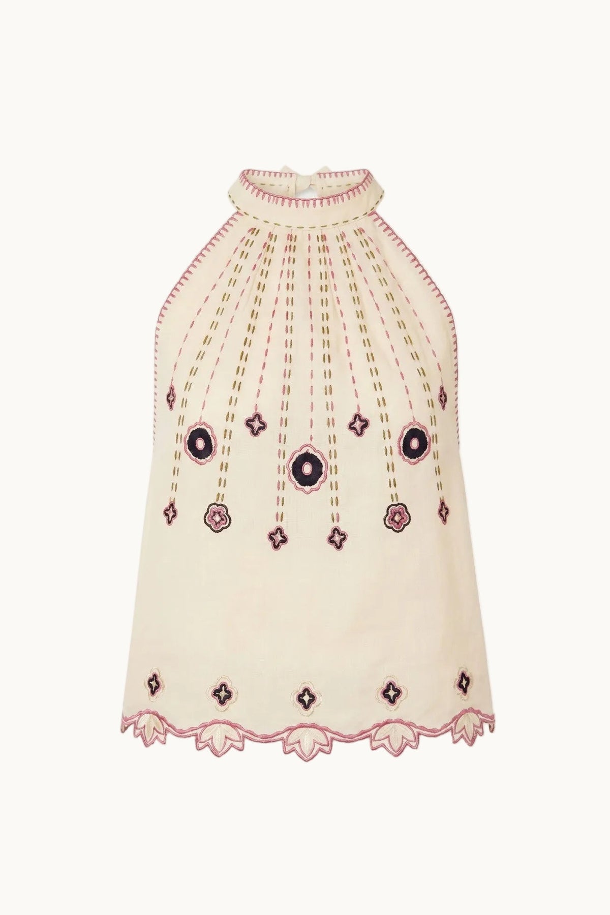 An off-white sleeveless mock-neck top featuring intricate embroidery with pink, purple, and gold thread, and a scalloped hem, shown against a plain white background.