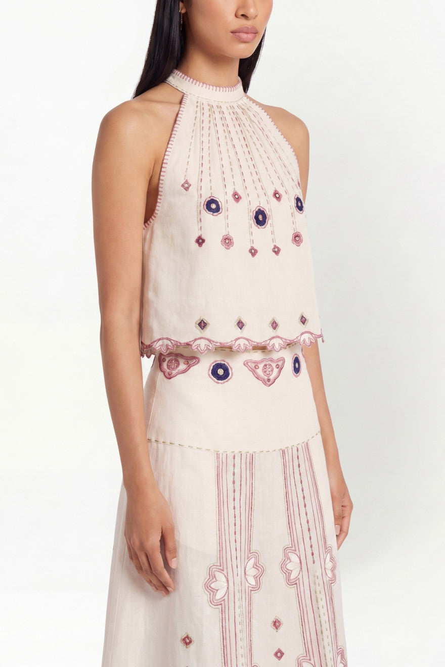 Ivory linen cutwork top with white appliqué, My Sleeping Gypsy