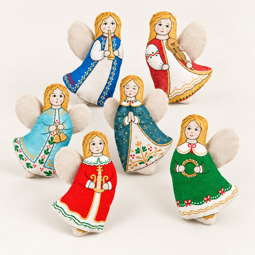 Six hand-painted wooden Christmas angels with wings, arranged on a textured brown background. Each angel has a different colored dress (blue, red, light blue, teal, red, green) and holds a musical instrument.