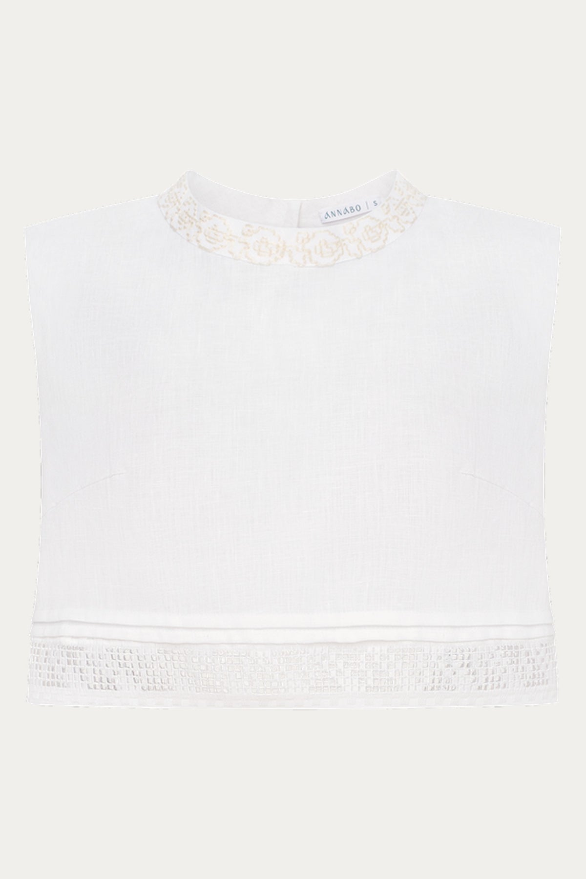 Desert Rose Sleeveless Linen Crop Top with Richelieu Embroidery – White by ANNABO