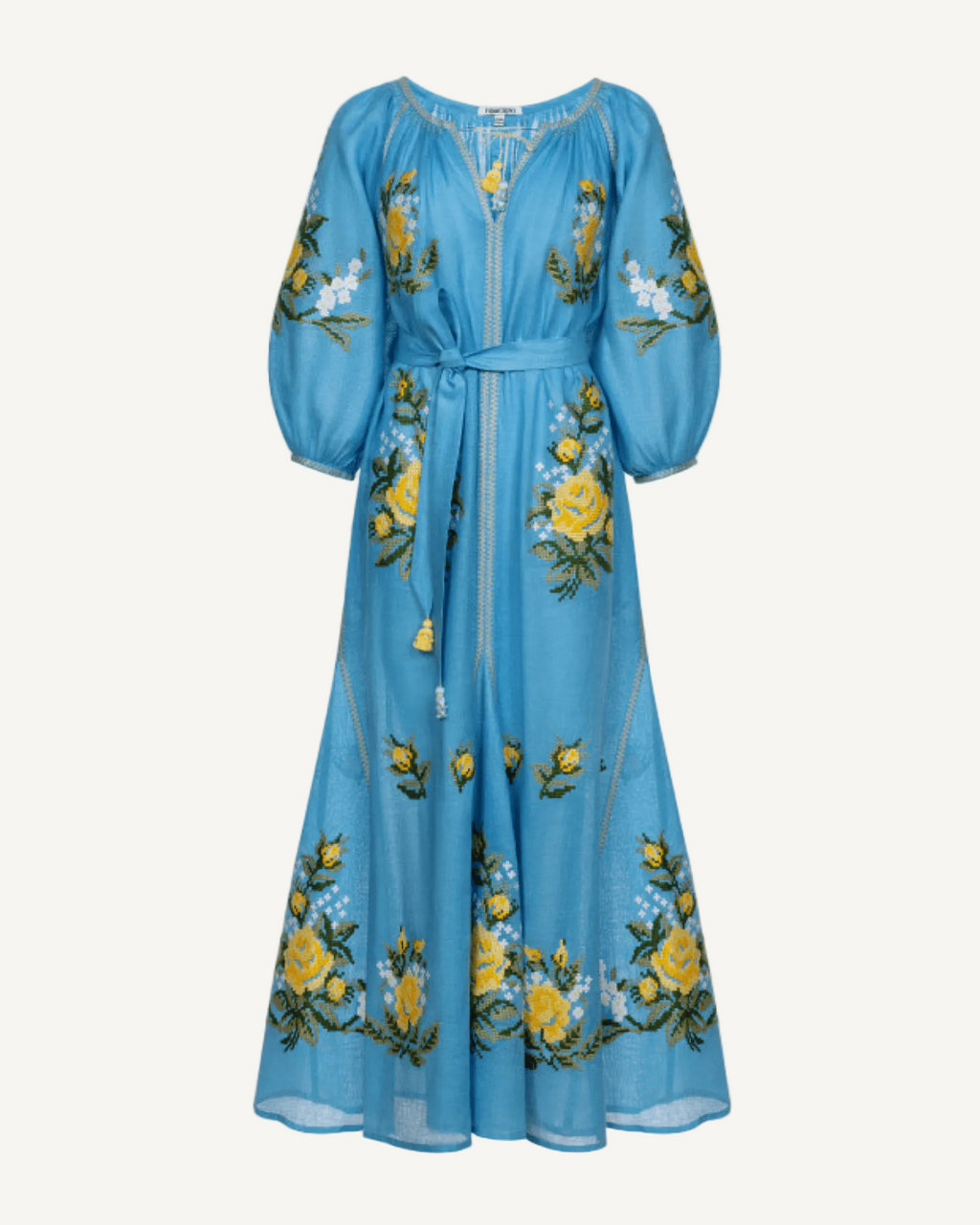 Evelyn light blue floral embroidered linen maxi dress, Foberini
