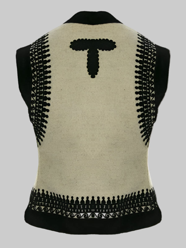 Vestă Scurtă Ecru din Lână și Cașmir cu Broderie Neagră, Lucrată Manual de Artizani Români (01)