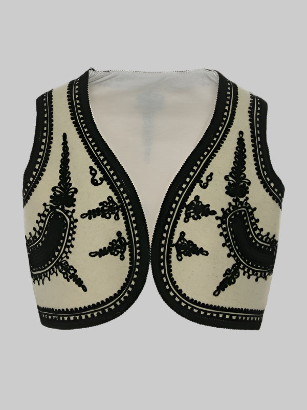 Vestă Scurtă Ecru din Lână și Cașmir cu Broderie Neagră, Lucrată Manual de Artizani Români (04)