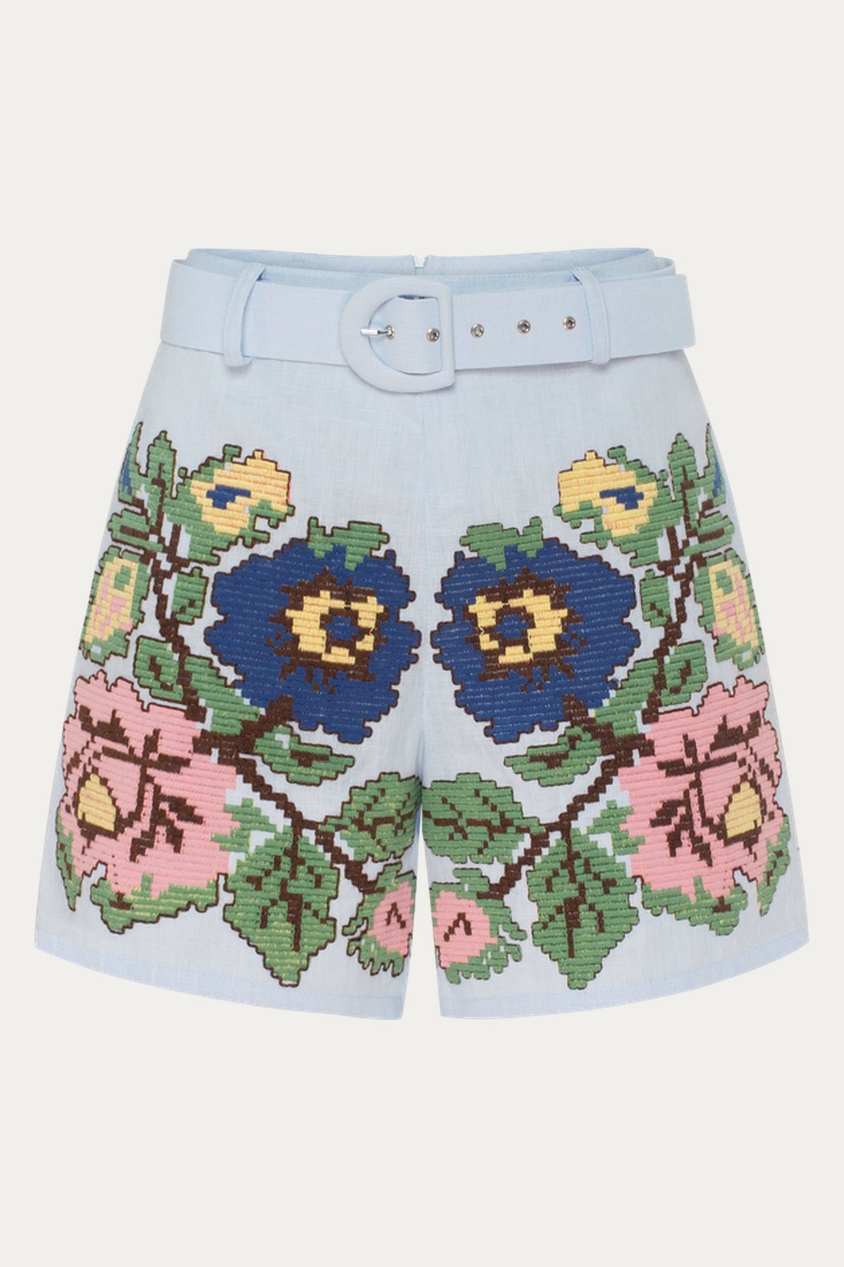 Elysian Whisper High-Waisted Linen Shorts with Floral Embroidery – Light Blue by ANNABO