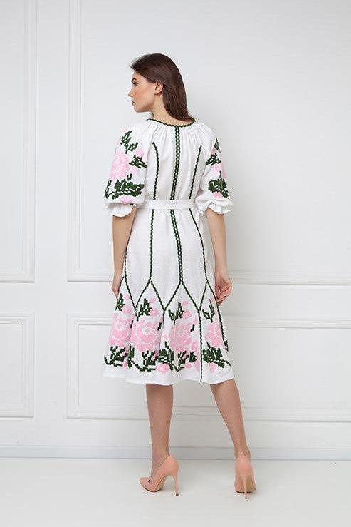 Rochie midi din in  brodata inspiratie traditionala Marta