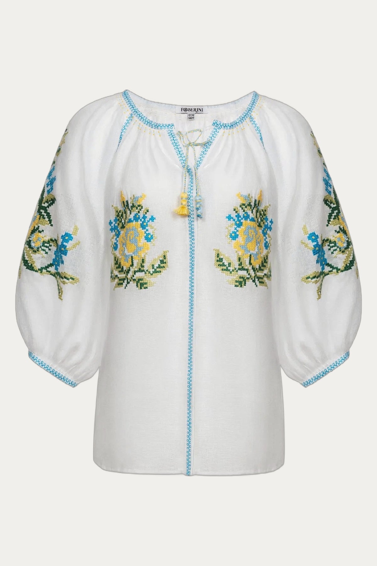 Embroidered white linen blouse with floral cross-stitch Evelyn by Foberini