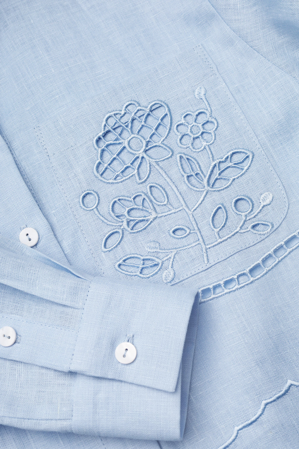 Light blue Tree of Life cropped linen blouse - ajur openwork detail