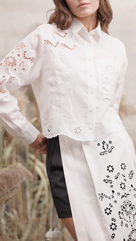 Tree of Life cropped white linen blouse - ajur openwork detail