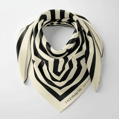 Rozmarin Concept, Silk scarf, black, silk, geometric motif, handmade – close-up