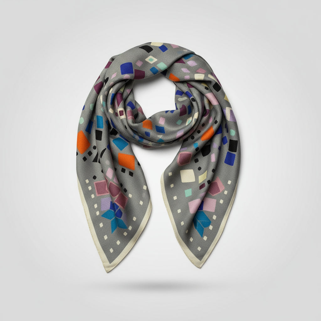 Colorful geometric patterned scarf on a light gray background