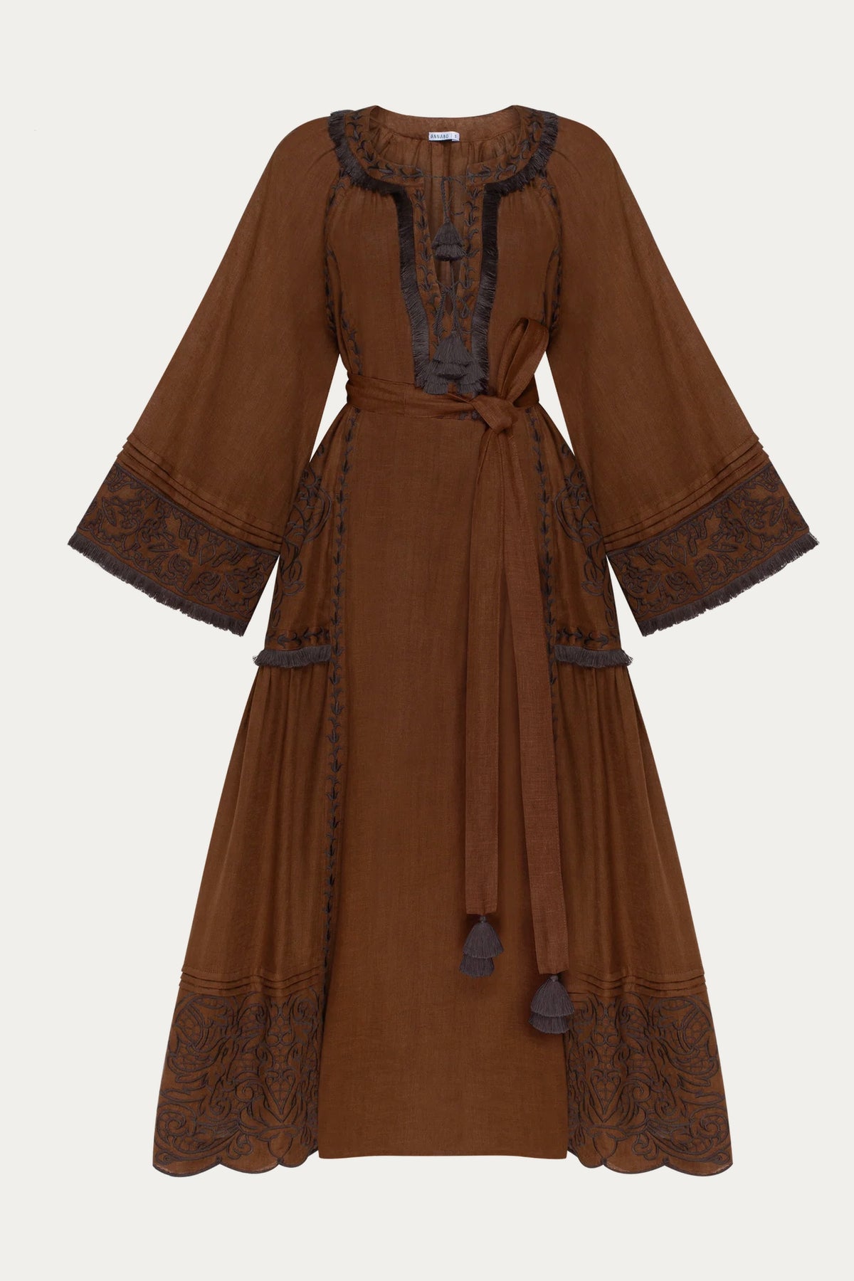 Eternal Heritage Brown Embroidered Linen Maxi Dress by ANNABO