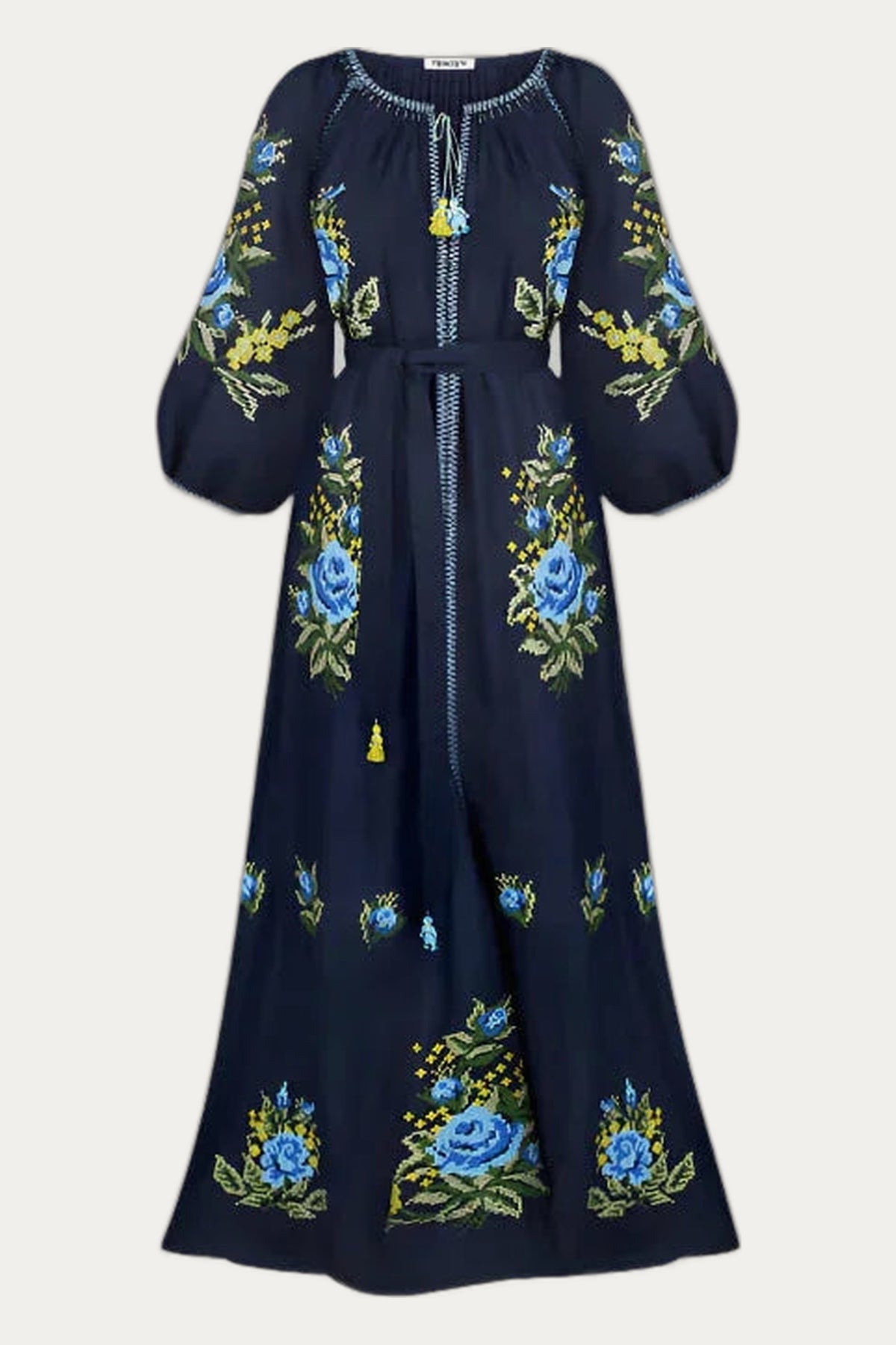 Evelyn Floral Embroidered Dress in Navy Blue by Foberini
