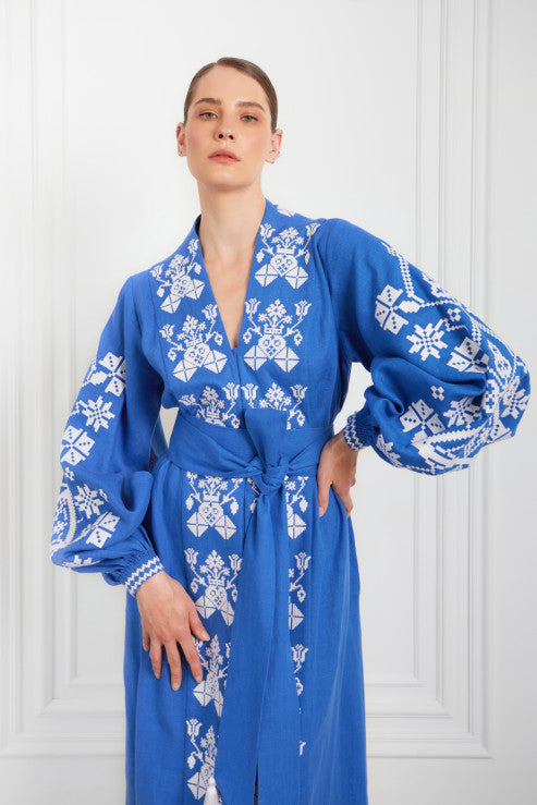 Rochie tip kimono cu broderie „Dimineața ceață”