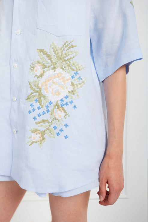 Light blue linen shorts with floral embroidery, Foberini
