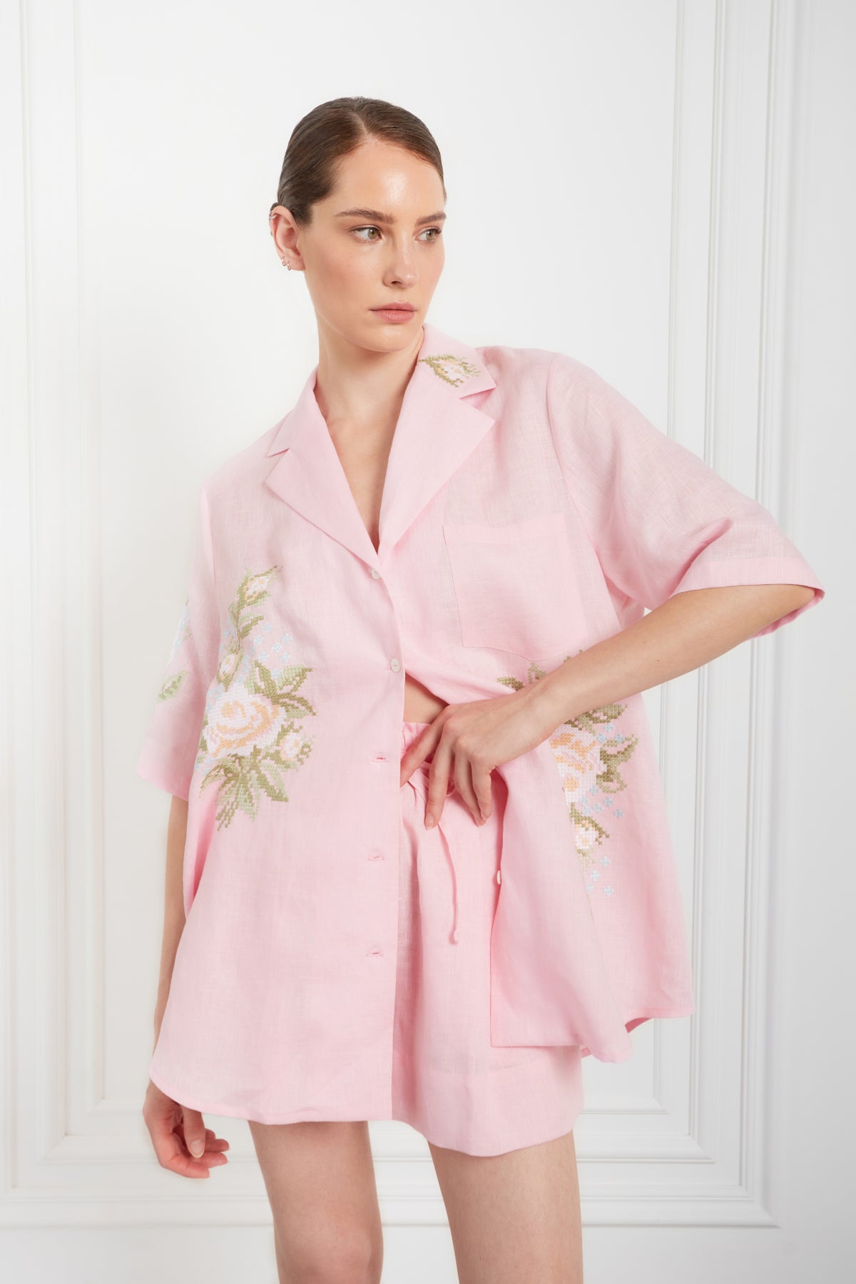 Pink embroidered linen co-ord set — shirt and shorts summer