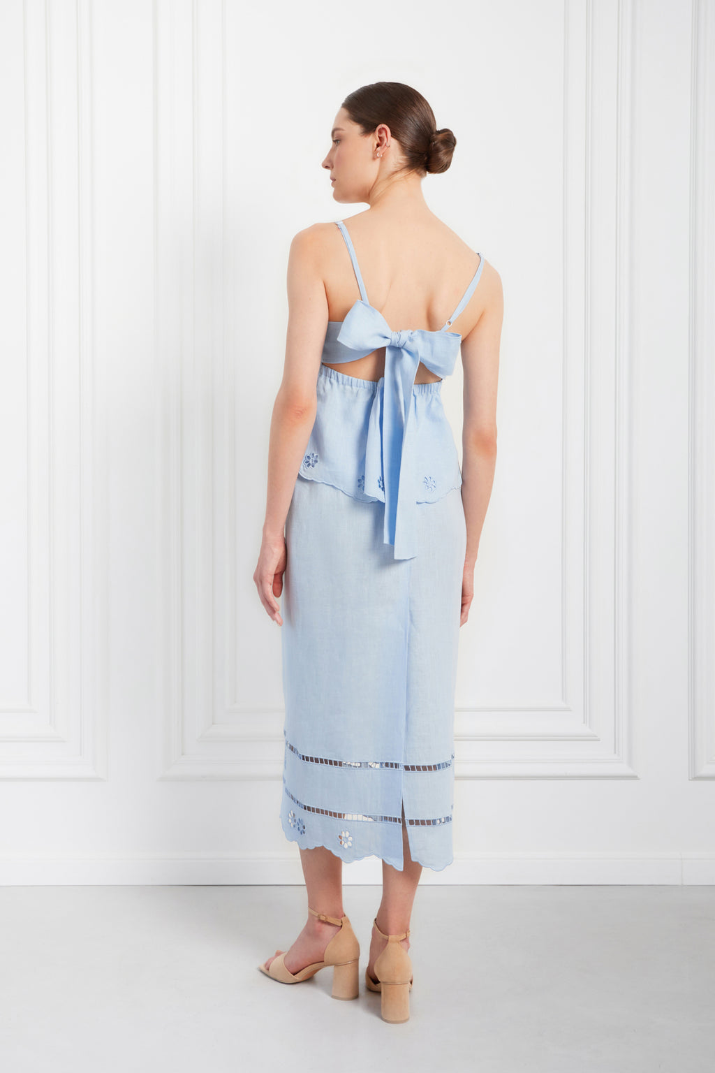 Tree of Life light blue cutwork linen top - hem embroidery detail