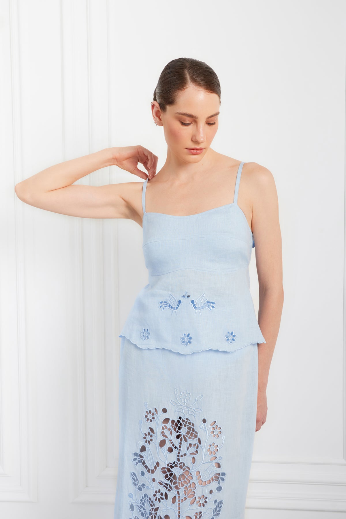 Tree Of Life Embroidered Blue Cutowork Top