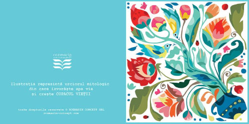 Colorful floral design with text on a blue background
