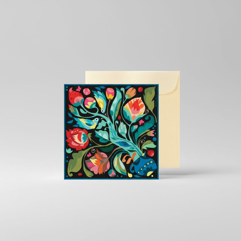 Colorful floral design on a greeting card with a beige envelope.