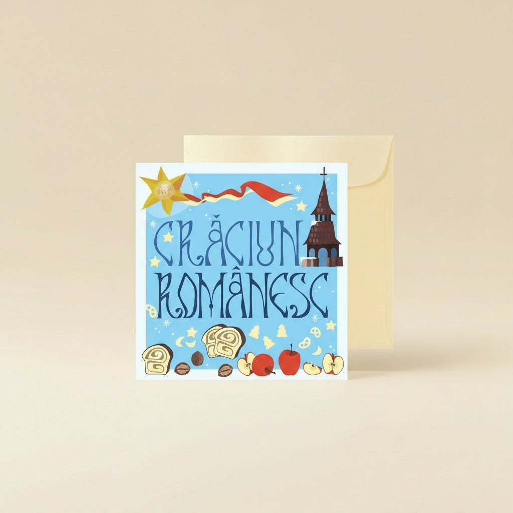 Greeting card with 'Grădini Românești' text and illustrations, featuring a church, sun, and traditional foods, with a beige envelope.