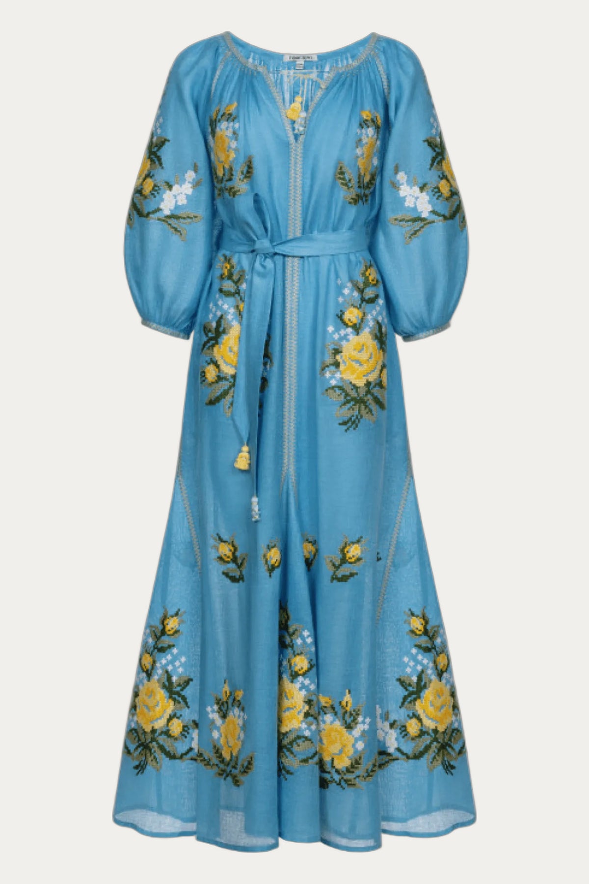 Floral linen embroidered maxi dress in light blue Evelyn by Foberini
