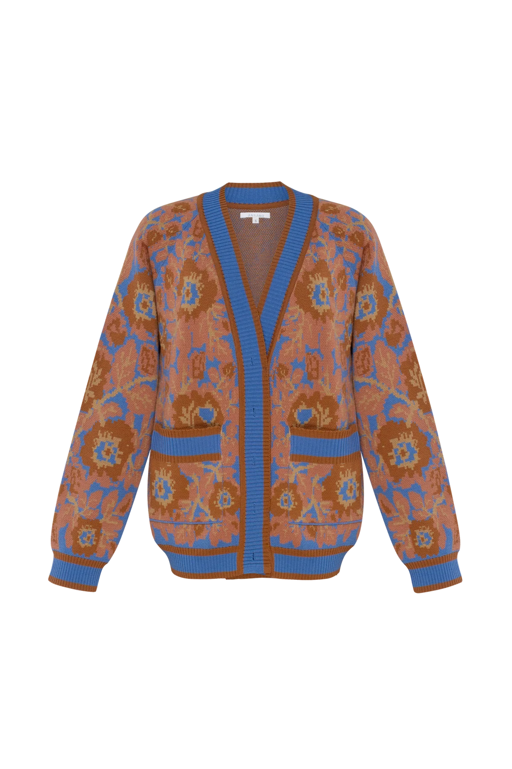 Folk Floral Motif Jacquard Merino Wool Cardigan 'Mirage Bloom'