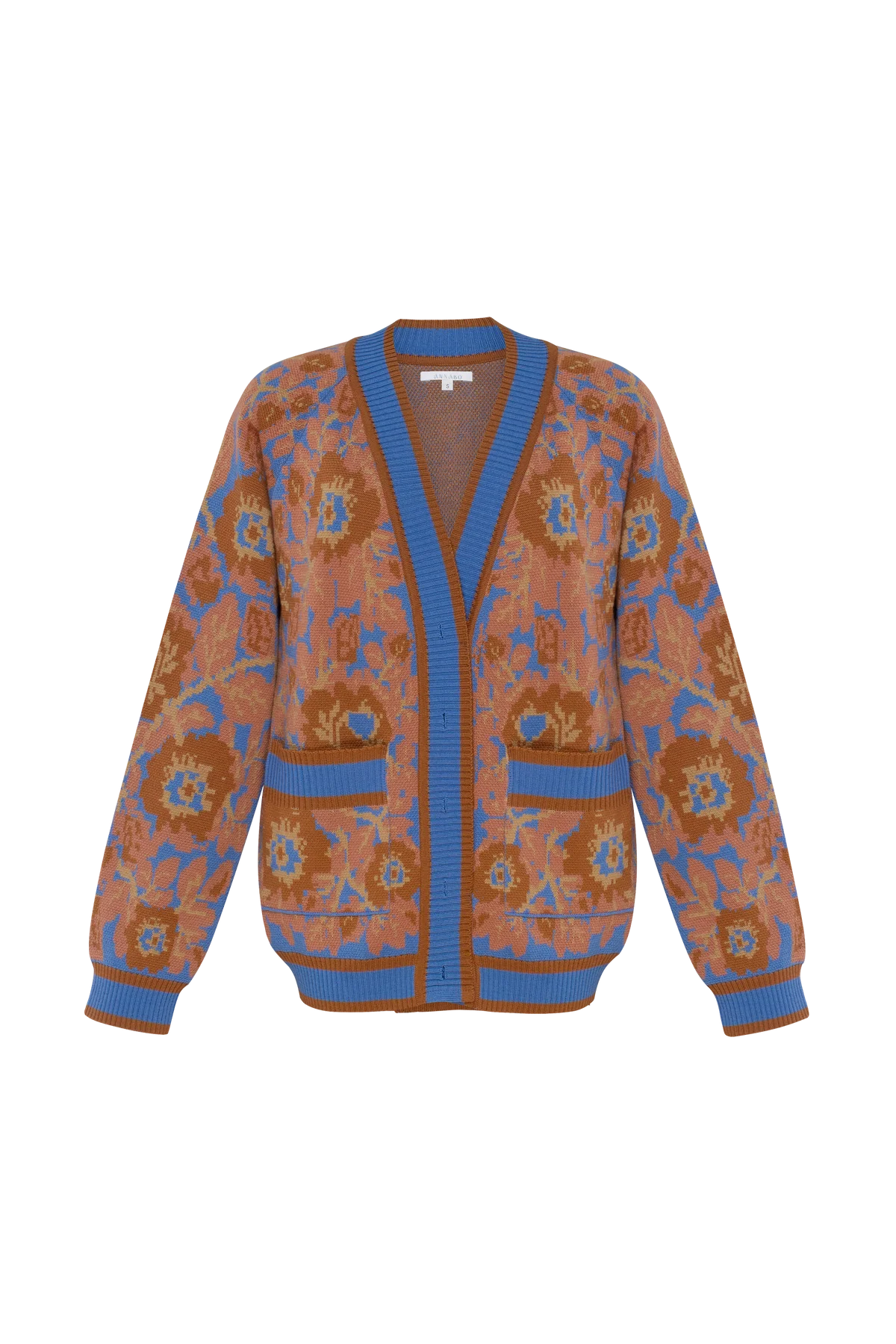 Folk Floral Motif Jacquard Merino Wool Cardigan 'Mirage Bloom'