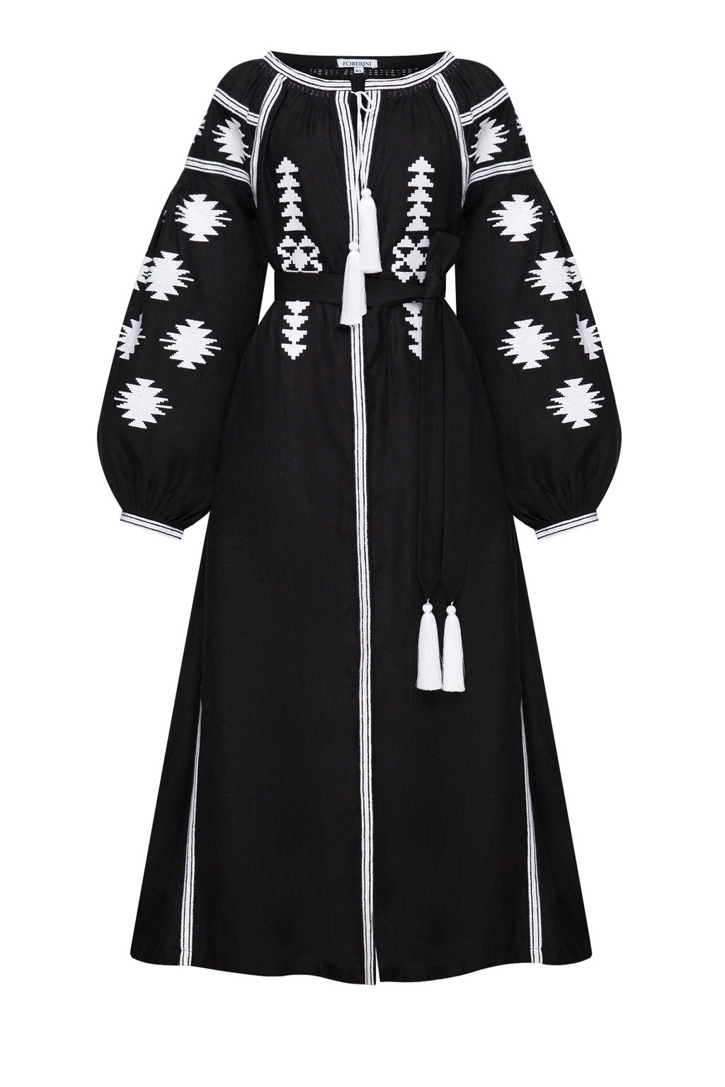 Foberini black linen midi dress with white Ukrainian geometric embroidery
