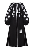 Foberini black linen midi dress with white Ukrainian geometric embroidery