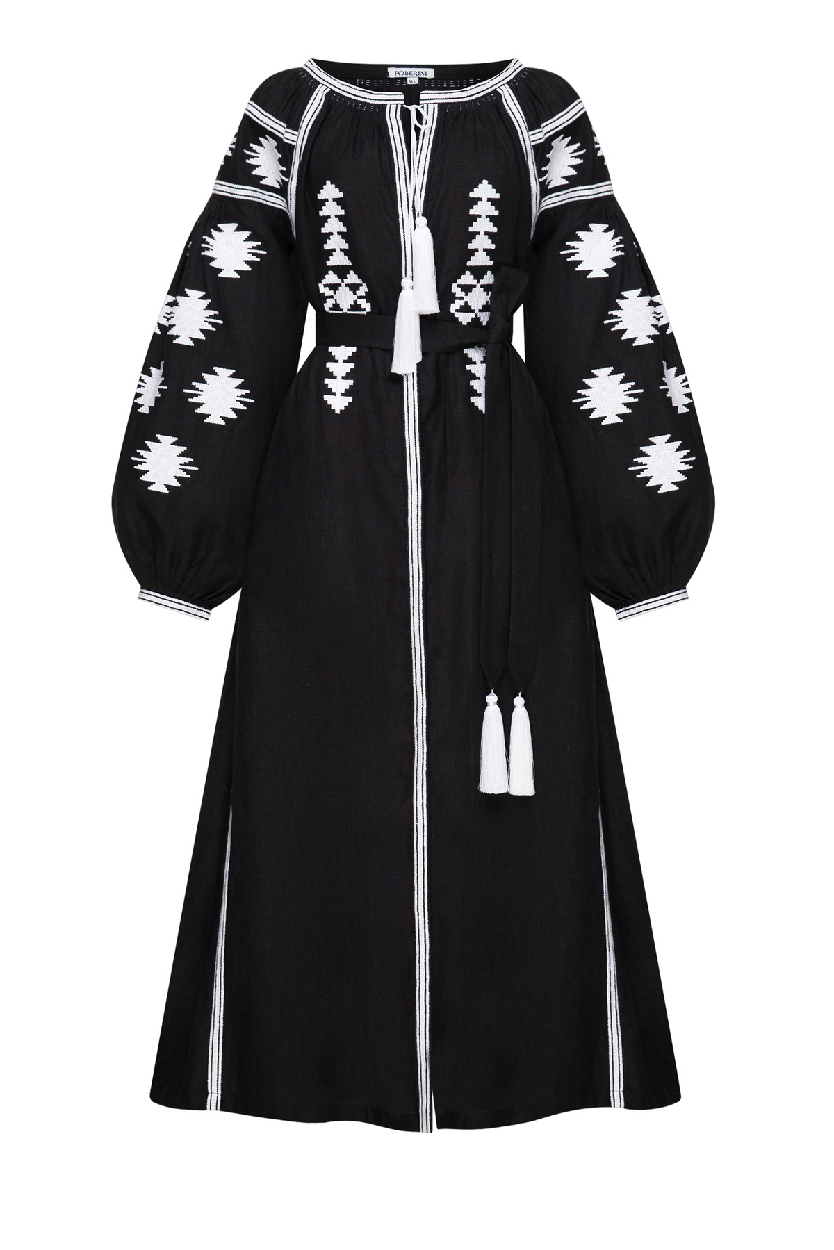 Foberini black linen midi dress with white Ukrainian geometric embroidery