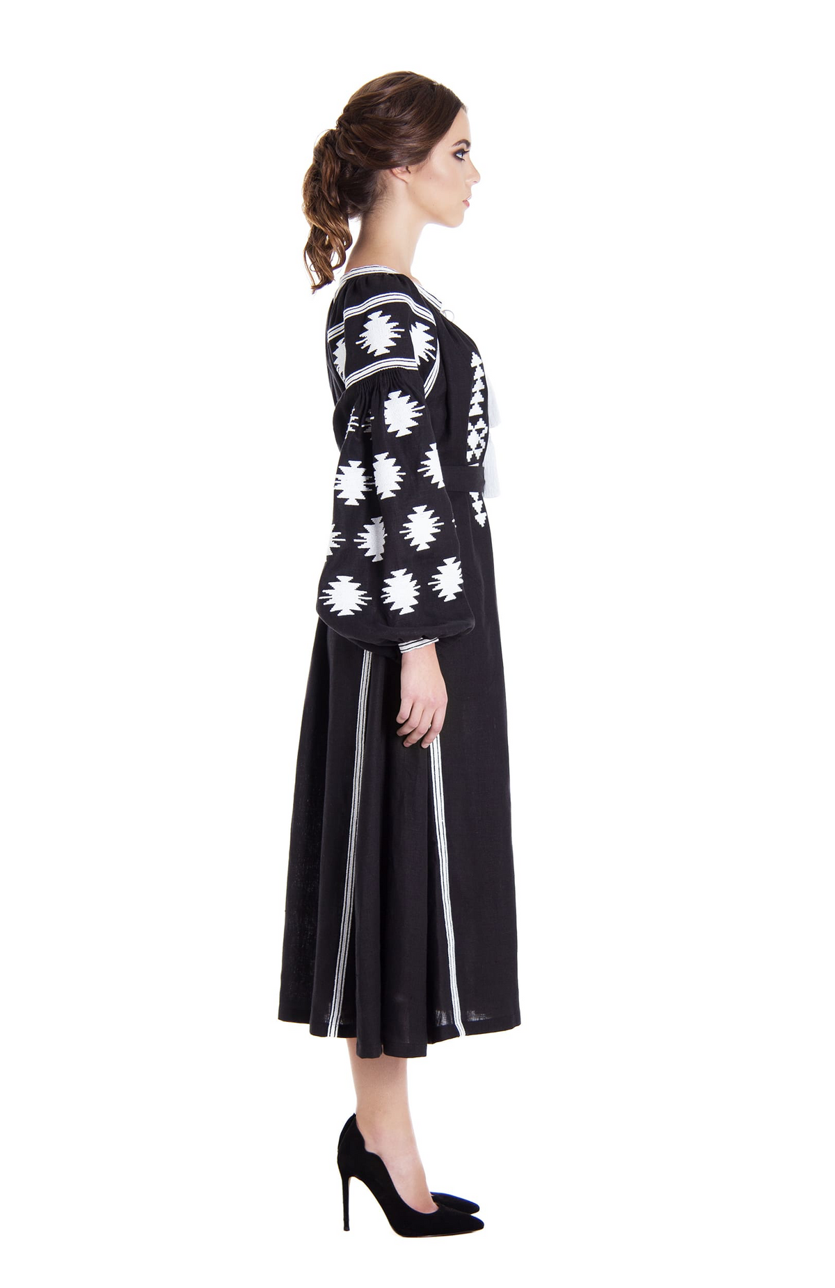 Foberini black linen midi dress, white Ukrainian geometric embroidery - linen fabric detail