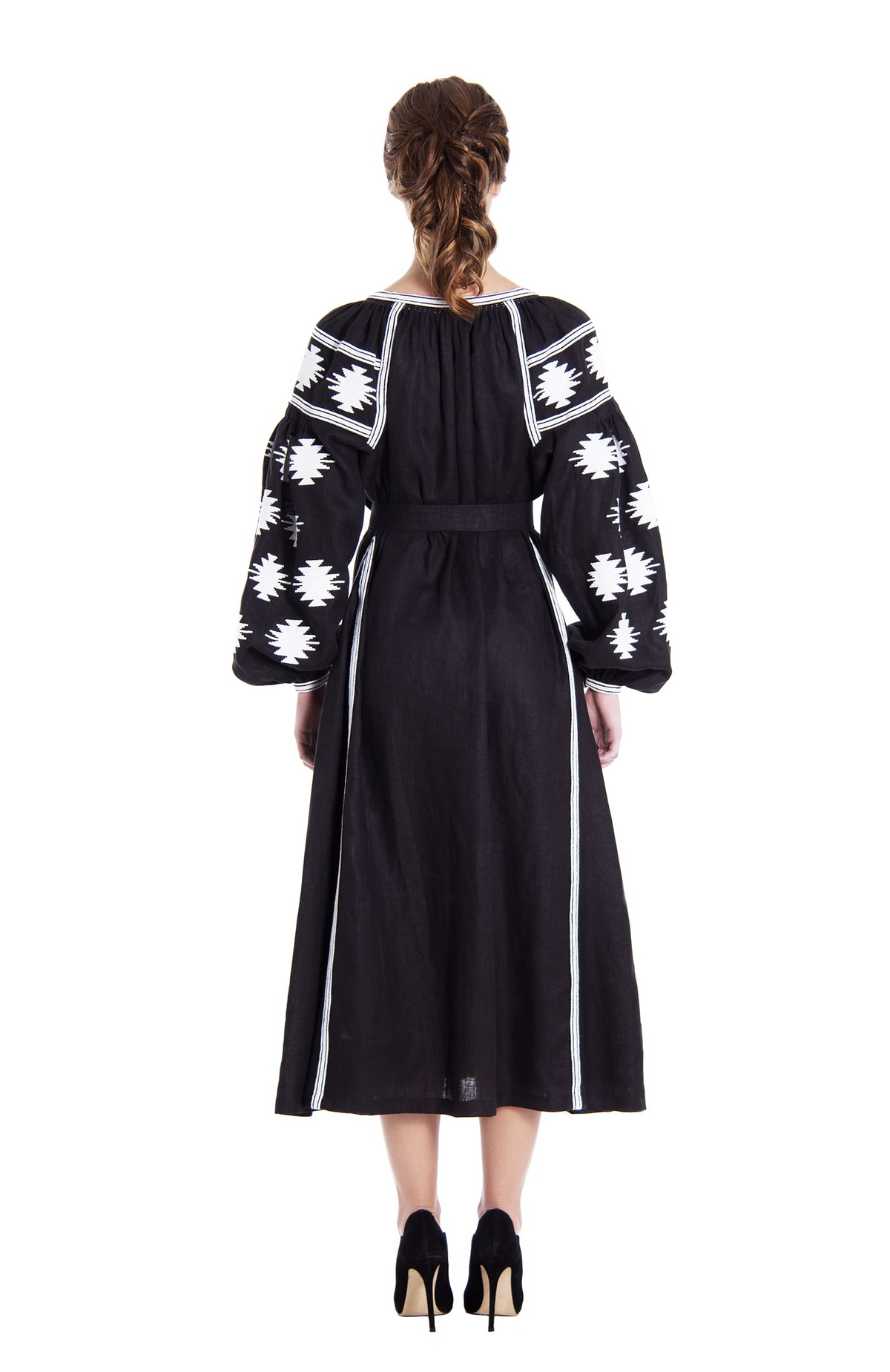 Foberini black linen midi dress, white Ukrainian geometric embroidery - back view