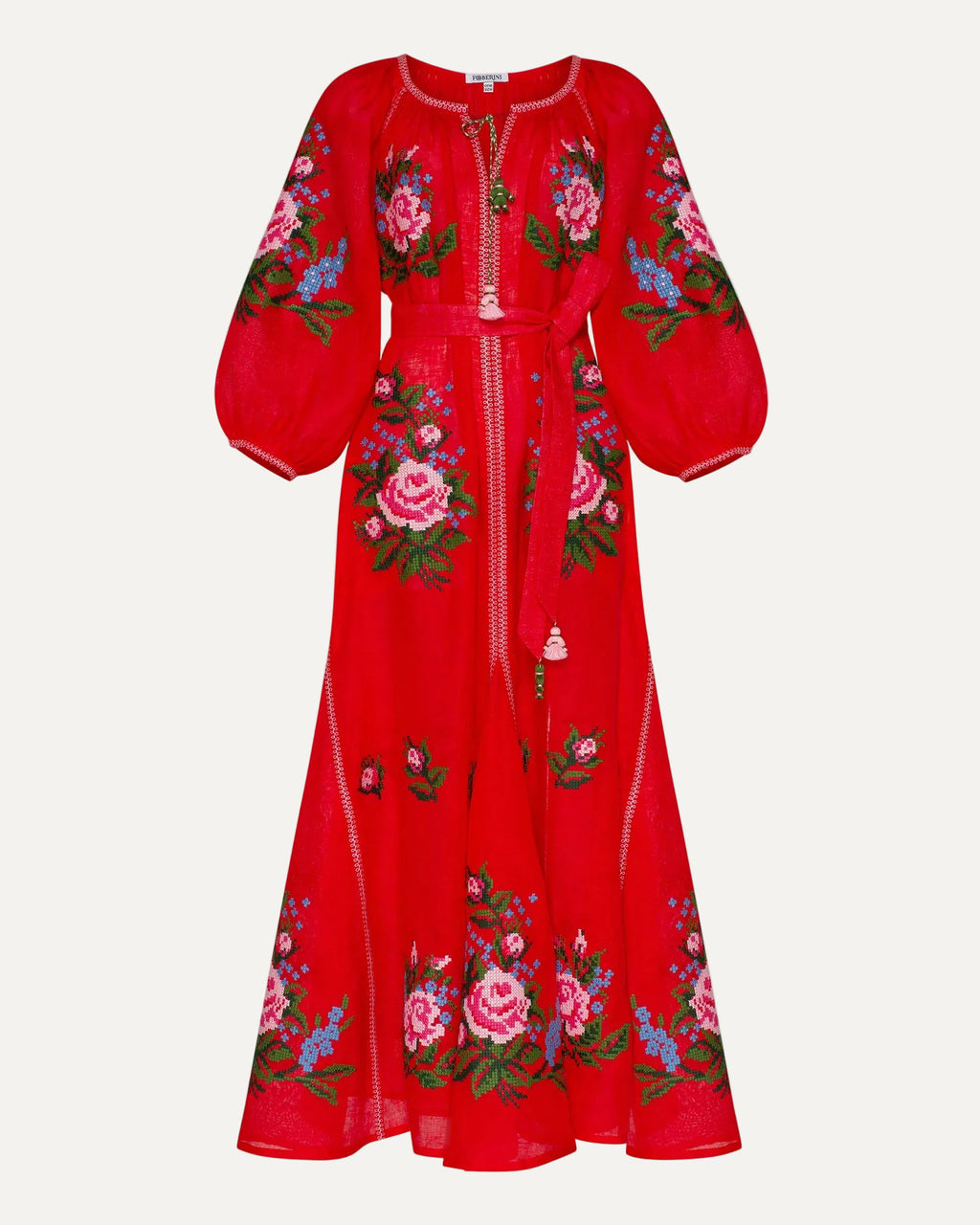 Red dress with floral embroidery on a white background