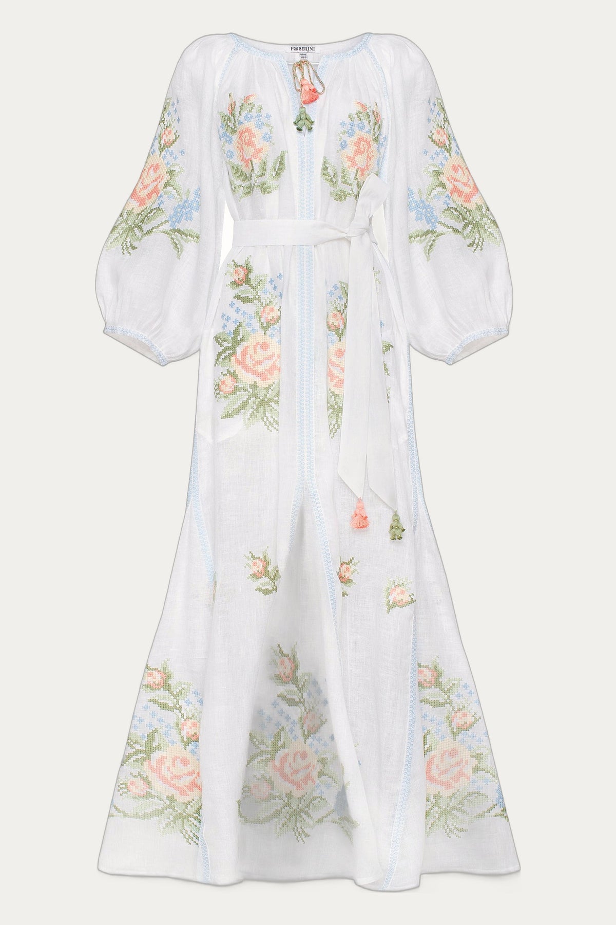 Foberini Evelyna Embroidered Midi Dress – White Floral Bohemian, 3/4 Sleeves, Tassel-Tie Belt, Handmade by Foberini