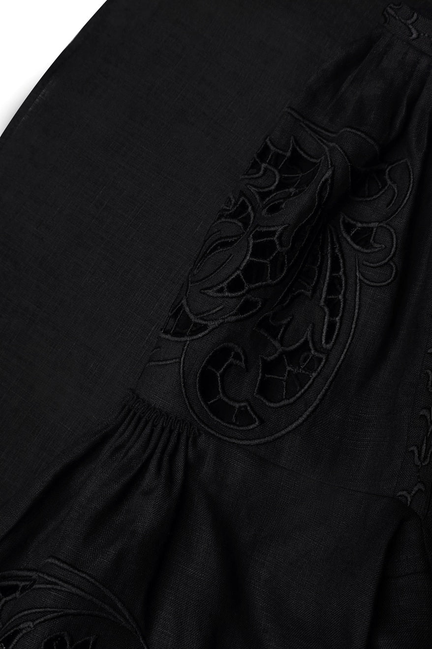 Foberini Kvitka black linen blouse, balloon sleeve and tassel neck ties detail