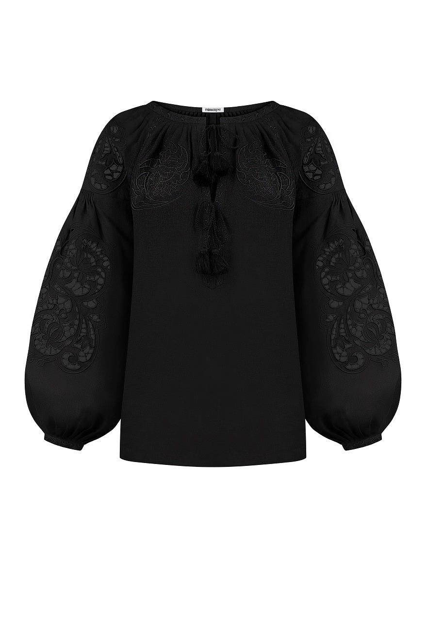Foberini Kvitka black linen vyshyvanka blouse with black-on-black Richelieu cutwork embroidery