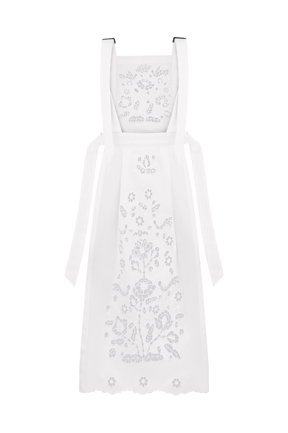 Tree of Life cutwork embroidery detail on the white linen pinafore apron dress