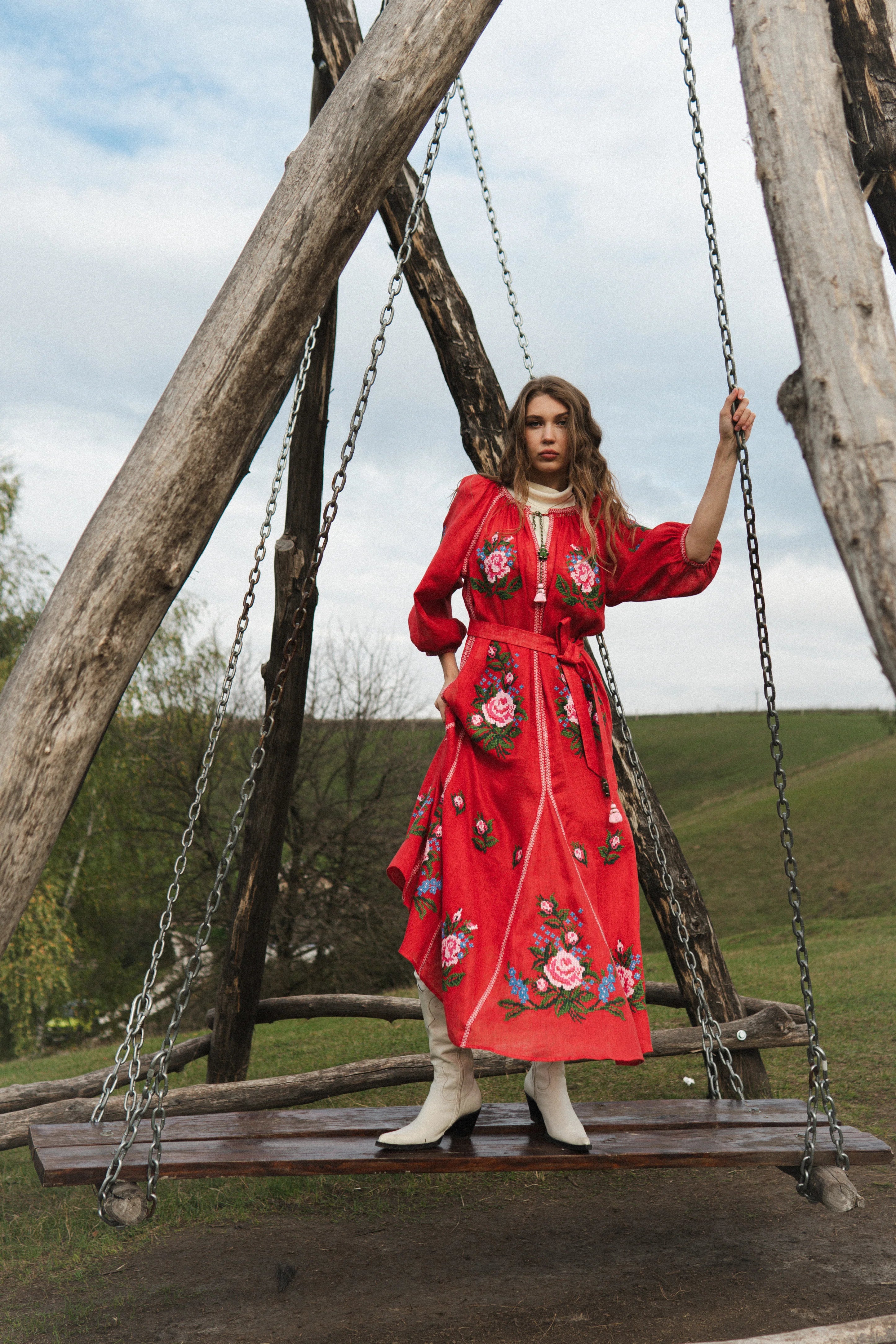Evelyn cross-stitch embroidered dress in red