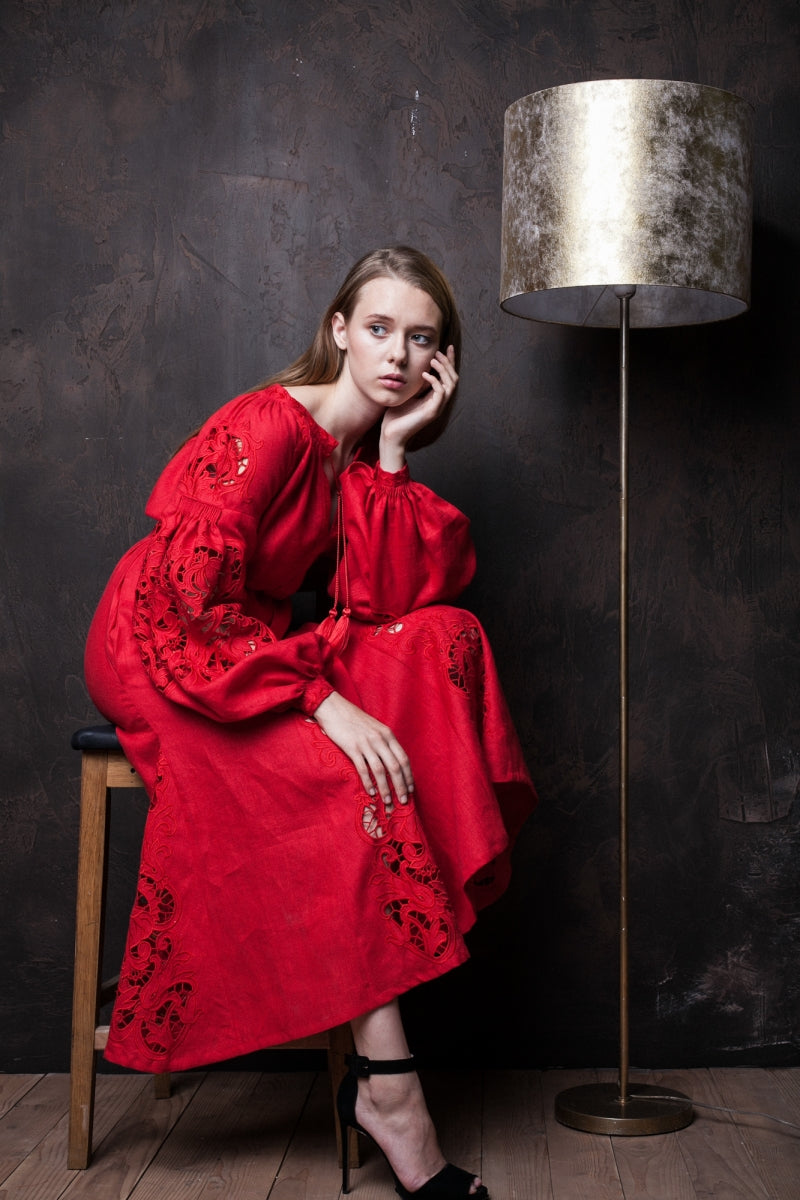 Rochie maxi rosie broderie Richelieu Maryianna