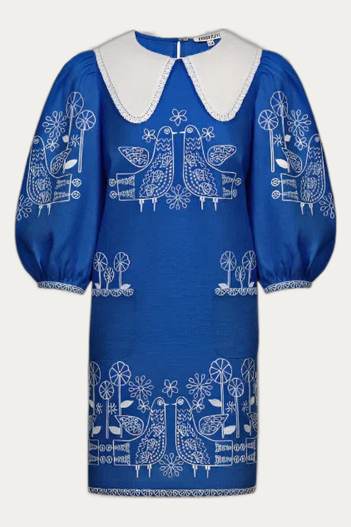 Foberini Zozulya Embroidered Linen Dress – Hand-Stitched Birds & Flowers, Lace Collar, 3/4 Sleeves, Mini or Maxi by Foberini