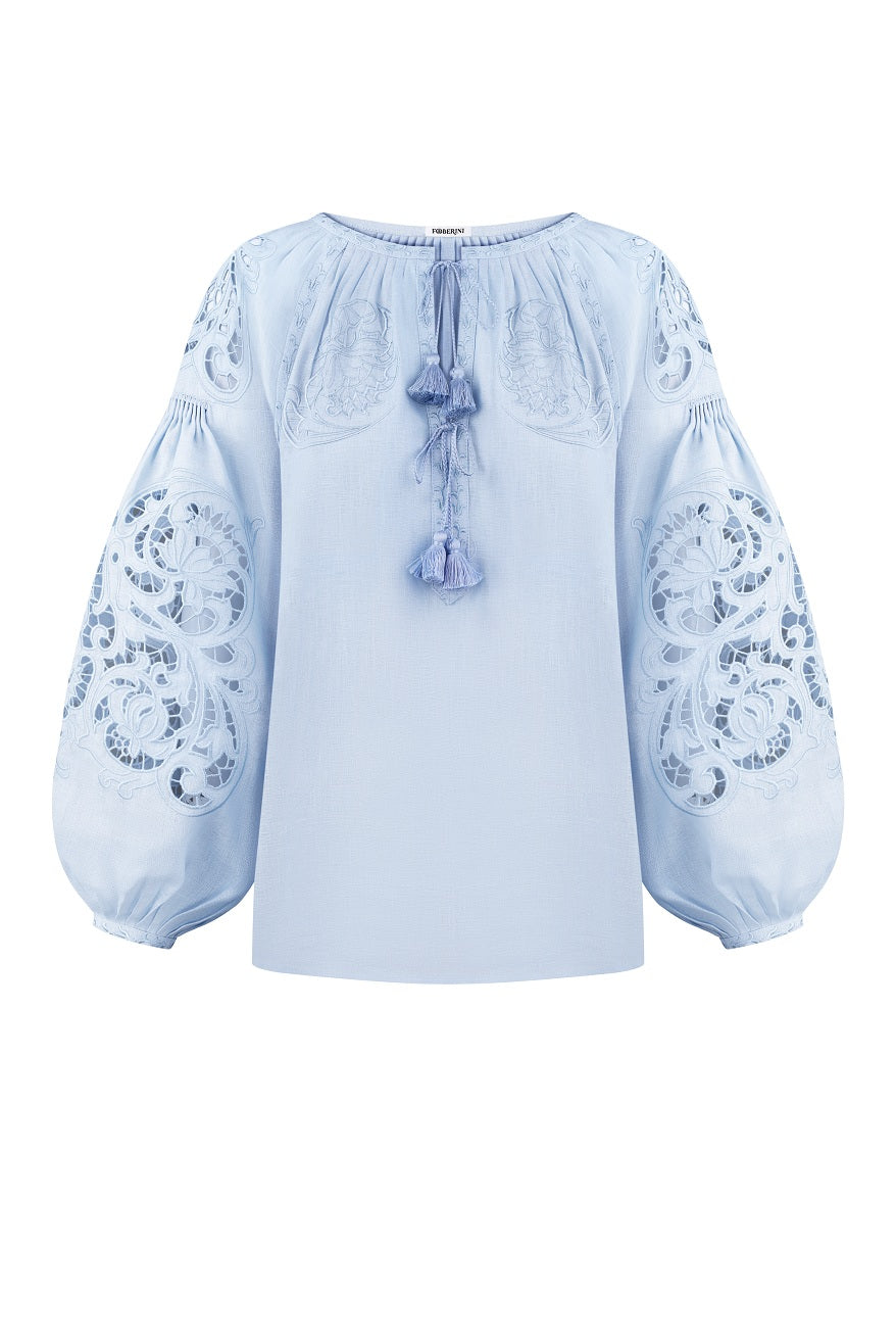 Foberini Kvitka blue linen blouse with floral cutwork embroidery