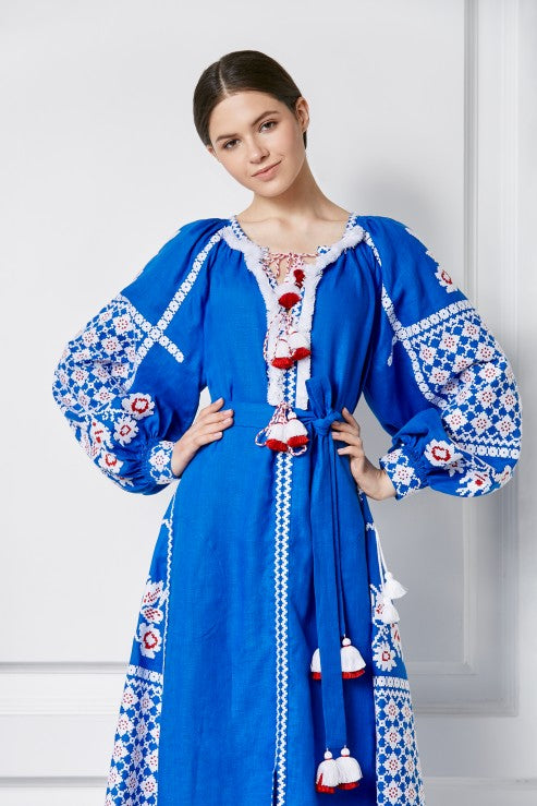 Rochie brodata Folk Blue